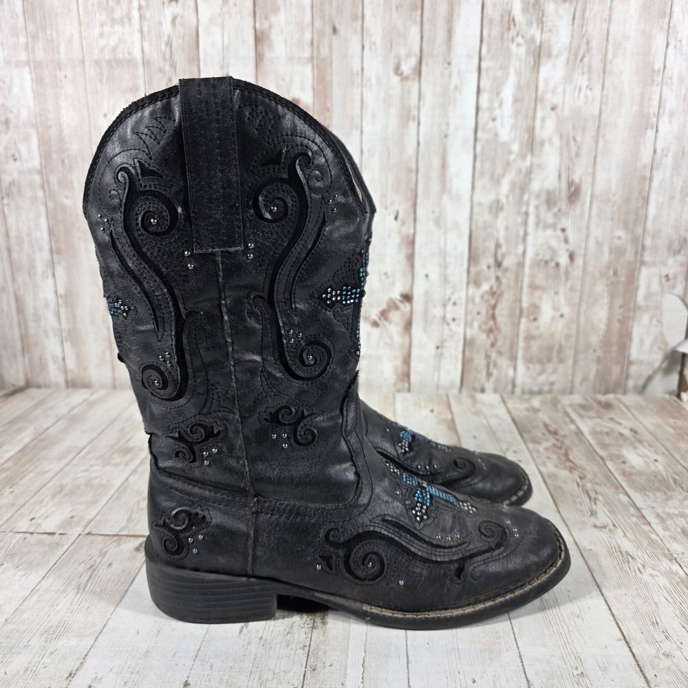 Roper Womens Black Faux Leather Rhinestone Cross Western Cowboy Boots 6.5